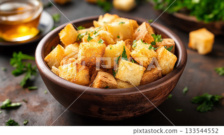 A wooden bowl filled with golden-brown croutons, garnished with herbs, perfect for a flavorful crunch. A wooden bowl filled with golden-brown croutons, garnished with herbs, perfect for a flavorful crunch. 133544552
