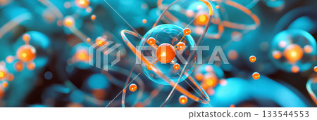 A 3D illustration of an atomic structure with vibrant orange and blue molecules, symbolizing scientific research. 133544553