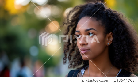 A young woman with curly hair looks away thoughtfully, her expression pensive and serene. 133544703