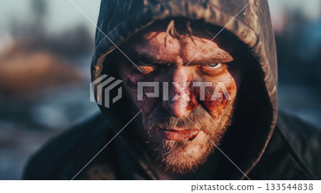 A man with an intense gaze, his face marked with bruises and scars, conveying a strong emotion. A man with an intense gaze, his face marked with bruises and scars, conveying a strong emotion. 133544838