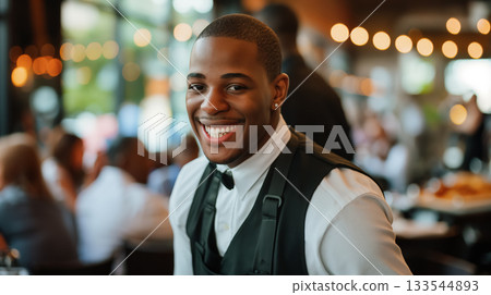 A smiling waiter in formal attire with a vest and bowtie serves patrons in a well-lit, busy restaurant. A smiling waiter in formal attire with a vest and bowtie serves patrons in a well-lit, busy restaurant. 133544893