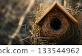 A solitary birdhouse with a vacant nest inside, placed in a serene environment, evokes a sense of tranquility and home. 133544962