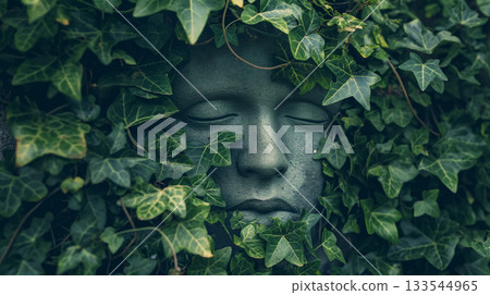 A stone face sculpture emerges from a bed of ivy, its features softly obscured by the green leaves, blending art with nature. 133544965