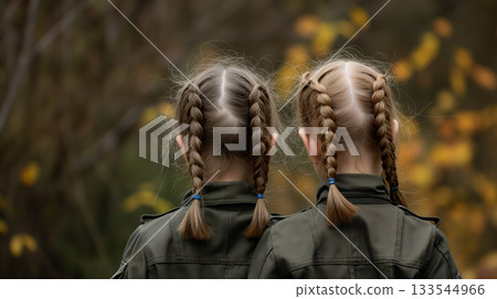 The back view of twin girls wearing green jackets, their hair styled in identical braids, against a backdrop of autumn leaves. 133544966