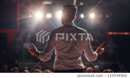 A man seen from behind speaks to an audience, his arms open wide under the spotlight, engaging the crowd in a seminar or event. 133544968