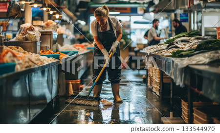 A market worker diligently mops the floor at a bustling fish market, ensuring cleanliness amidst the daily commerce. 133544970