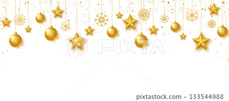 Gold stars, balls and snowflakes background. Celebration frame. Bright Holiday ornament. Luxury hanging baubles. Christmas 3d gold glass toys. Festive glitter design elements. Vector illustration Gold stars, balls and snowflakes background. Celebration frame. Bright Holiday ornament. Luxury hanging baubles. Christmas 3d gold glass toys. Festive glitter design elements. Vector illustration 133544988