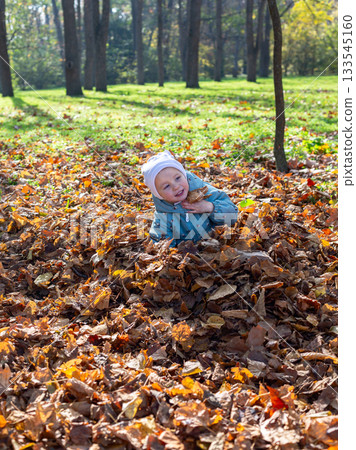 Joyful child in golden autumn leaves. 133545160