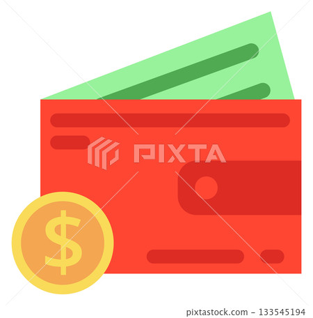 A red wallet with a green bill and a gold coin A red wallet with a green bill and a gold coin 133545194