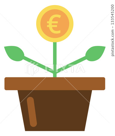 A plant is growing in a brown pot with a gold coin on top A plant is growing in a brown pot with a gold coin on top 133545200