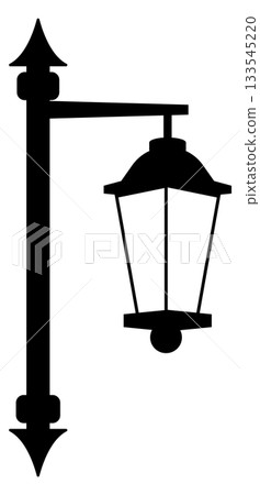 A black and white lamp post with a lamp hanging from it 133545220