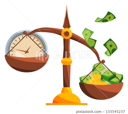 A scale with a clock on one side and money on the other A scale with a clock on one side and money on the other 133545237