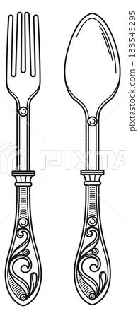 Two silverware utensils, a fork and a spoon, are shown in a black Two silverware utensils, a fork and a spoon, are shown in a black 133545295