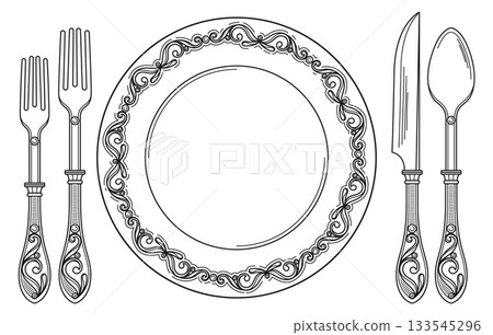 A plate with a fork, knife, and spoon on it A plate with a fork, knife, and spoon on it 133545296