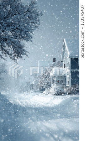 snowy village street with houses and trees covered in snow during a winter snowfall, with a prominent snow-laden tree in the foreground 133545437