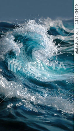 striking close-up of a vibrant blue ocean wave crashing, with white foam and spray sparkling in the sunlight, set against a blurred deep blue background 133545449