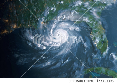 striking satellite image captures a powerful hurricane swirling over the ocean near a brightly lit coastline, likely Florida or the Gulf Coast, indicating nighttime conditions on land 133545450