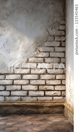 Textures of old brick and plaster reveal rustic charm in a sunlit corner of a historic building 133545463
