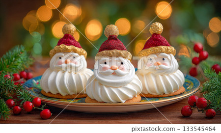 Three adorable Santa Claus-themed desserts, with fluffy white beards and red hats, sit on a festive plate surrounded by holiday decor 133545464