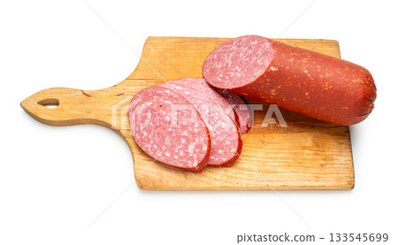 Smoked sausage on a kitchen board Smoked sausage on a kitchen board 133545699