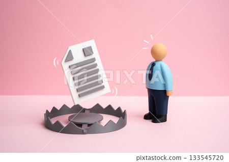 A businessman is wary of signing a contract with traps and hidden loopholes. Concept of risky deals and legal uncertainty. Corporate law, compliance training and fraud awareness. A businessman is wary of signing a contract with traps and hidden loopholes. Concept of risky deals and legal uncertainty. Corporate law, compliance training and fraud awareness. 133545720