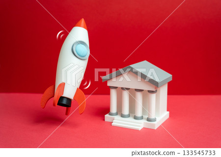 Bank and startup rocket. Fintech projects and innovations in the banking sector. Rapid growth, digital transformation and investment opportunities. Finance, startups and technology trends. Bank and startup rocket. Fintech projects and innovations in the banking sector. Rapid growth, digital transformation and investment opportunities. Finance, startups and technology trends. 133545733