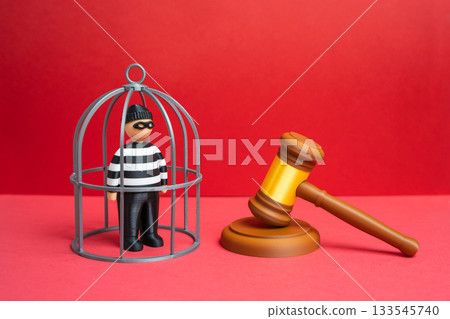A criminal in a cage and the judge's gavel. A criminal trial. Expanded to legal justice, sentencing decisions, and court transparency. Law education. Judicial system coverage. 133545740