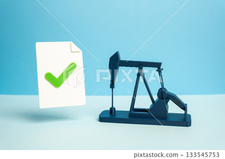 An oil pump and a document with a green checkmark. Production license. Oil futures contract. Regulatory approval. Shale oil. Energy markets, and extraction legality. Environmental policy An oil pump and a document with a green checkmark. Production license. Oil futures contract. Regulatory approval. Shale oil. Energy markets, and extraction legality. Environmental policy 133545753