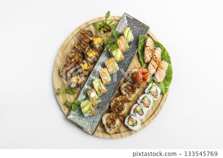 sushi mixed plate moriawase meal on plate in japanese restaurant 133545769
