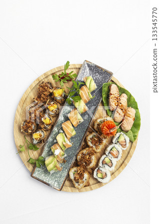 sushi mixed plate moriawase meal on plate in japanese restaurant 133545770