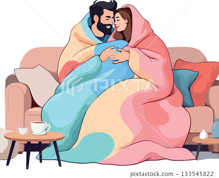 Couple embracing on sofa under blanket, enjoying cozy moment at home Couple embracing on sofa under blanket, enjoying cozy moment at home 133545822