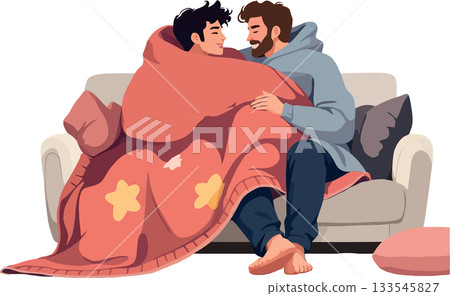 Gay couple sharing intimate moments at home on sofa under blanket 133545827