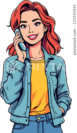 Smiling young woman making a phone call in pop art style Smiling young woman making a phone call in pop art style 133545835