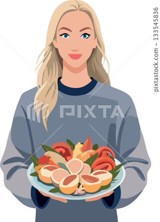 Woman holding plate of fresh food, promoting healthy eating and lifestyle Woman holding plate of fresh food, promoting healthy eating and lifestyle 133545836