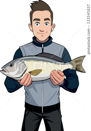 Fisherman holding big fish cartoon illustration 133545837