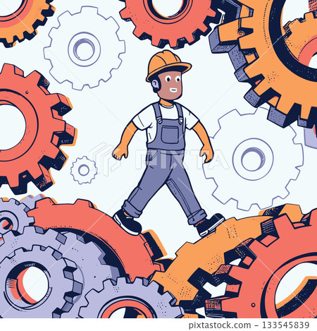Technician walking on gears symbolizing industrial progress Technician walking on gears symbolizing industrial progress 133545839