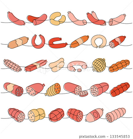 Raw sausages set. Butcher shop products one line colored continuous drawing. Vector illustration 133545853