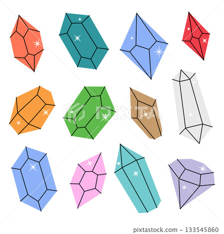 Crystals. Gems of different shapes. Gemstones, amethyst, ruby, sapphire, emerald, topaz and quartz. 133545860