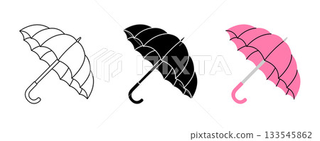 Retro umbrella icon with vintage canopy shown in outline, black and pink styles 133545862