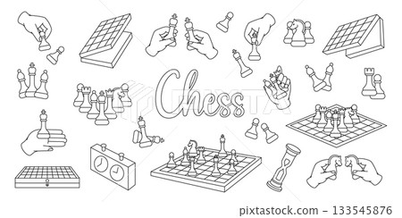 Line art chess illustrations with boards, pieces, hands and clocks in clean outline style 133545876