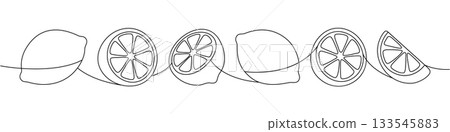 Continuous line lemon drawing. Minimal outline of sliced and whole citrus fruits in elegant single-line art 133545883