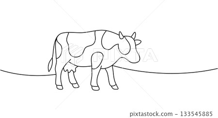 Cow in relaxed pose. Continuous line black drawing of peaceful livestock in rural scenery 133545885