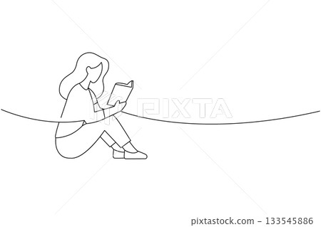 Sitting woman reading book in outline drawing style. Calm posture and minimalist educational theme 133545886