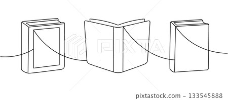 Minimalist contour drawing of books connected with a flowing single line 133545888