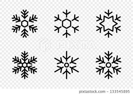 Six black snowflakes on transparent background. Minimal winter vector illustrations for festive holiday design projects Six black snowflakes on transparent background. Minimal winter vector illustrations for festive holiday design projects 133545895
