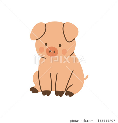 Cute cartoon piglet sitting with round cheeks. Adorable flat farm animal vector illustration for childrens designs and education 133545897