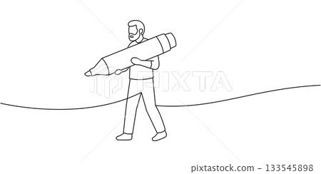 Man carrying giant marker pen. Minimalist line vector illustration of creative character holding oversized felt-tip marker 133545898