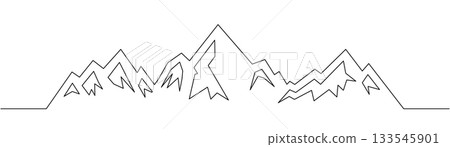 Outline mountain ridge vector with snowy peaks. Minimalist line art illustration for outdoor trekking, hiking, adventure and alpine travel concepts Outline mountain ridge vector with snowy peaks. Minimalist line art illustration for outdoor trekking, hiking, adventure and alpine travel concepts 133545901