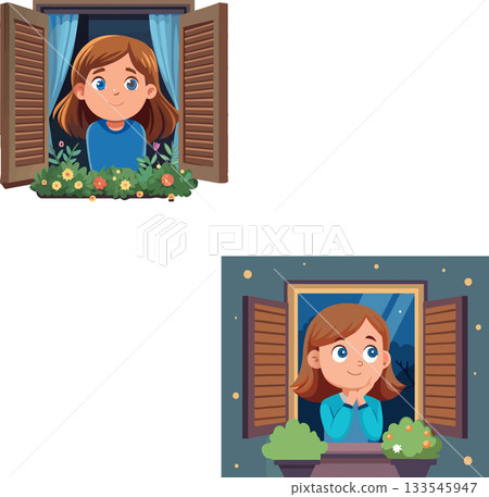 Girl looking out of window enjoying day and night view 133545947