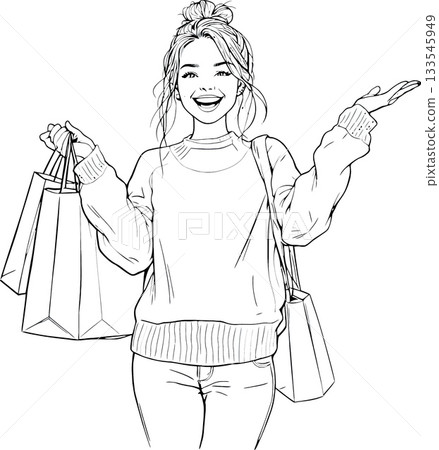 Smiling young woman showing shopping bags and presenting something Smiling young woman showing shopping bags and presenting something 133545949